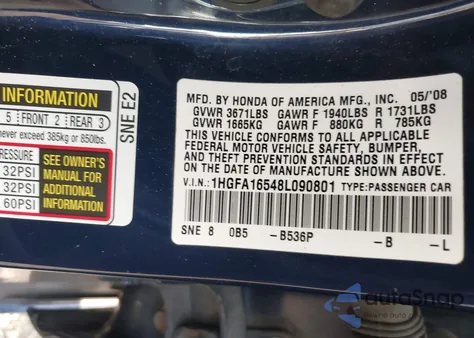 2008 Honda Civic Lx из США, поврежденный, VIN 1HGFA16548L090801